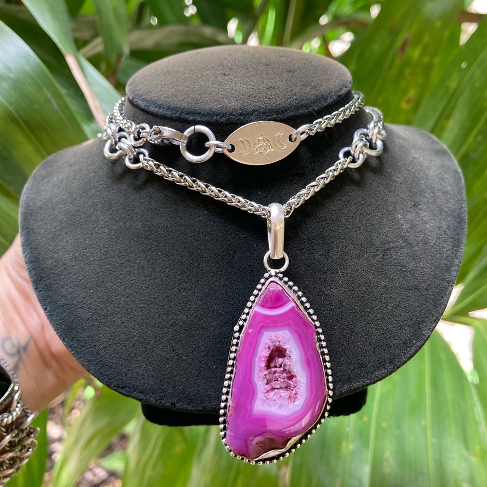 925 sterling silver overlay charm pink geode agate slice gemstone boho necklace - Picture 8 of 11